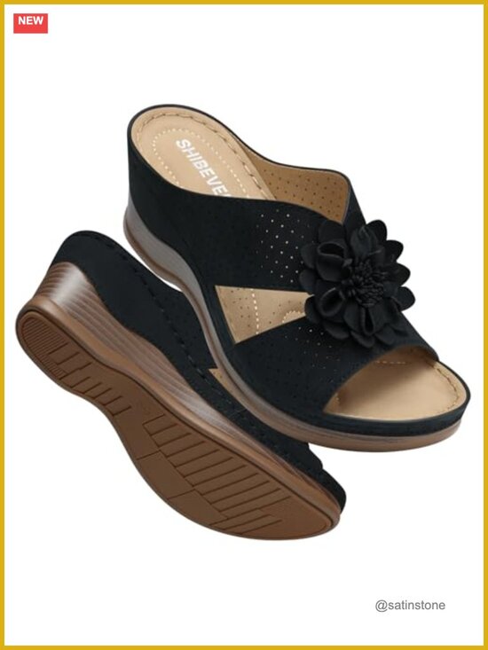 Shoes - Wedge Sandals with Arch Support, Bohemian Floral Slip-On, Comfortable Dressy